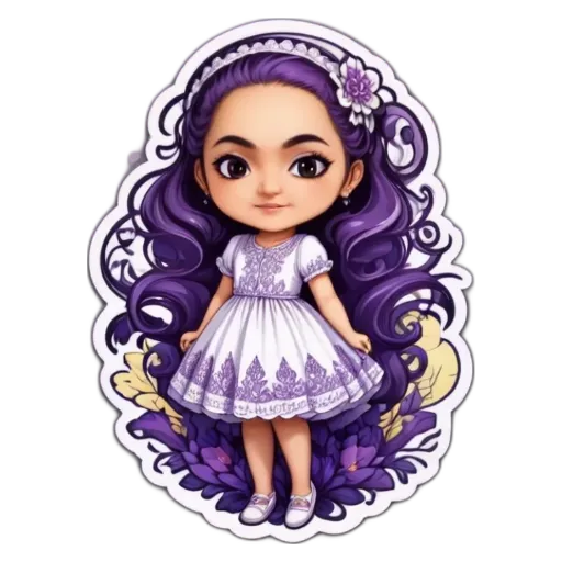 A purple and white cartoon character girl standing in a field of flowers.