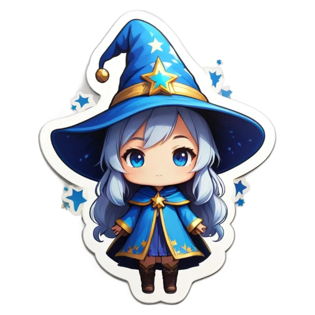 A girl with a blue wizard hat is surrounded by stars.