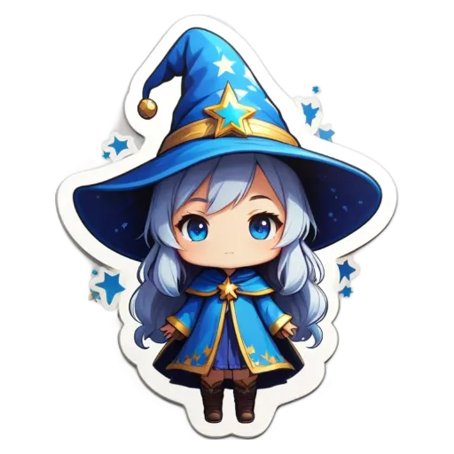 A girl with a blue wizard hat is surrounded by stars.