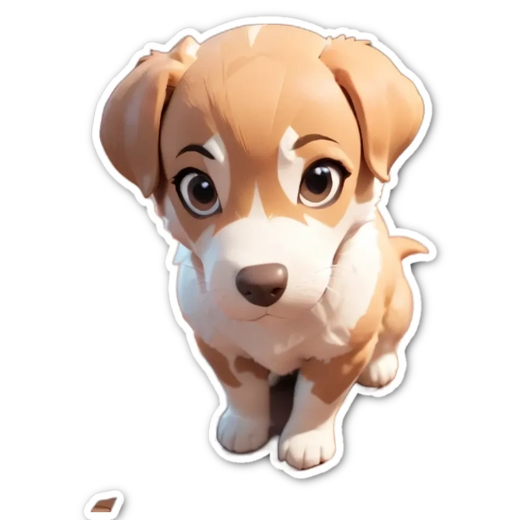 A sticker of a puppy's face that is white and brown.