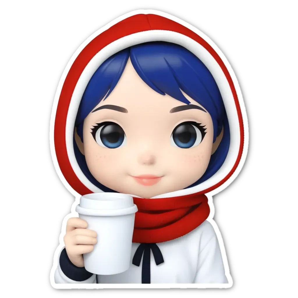 A sticker of a girl holding a cup of coffee.