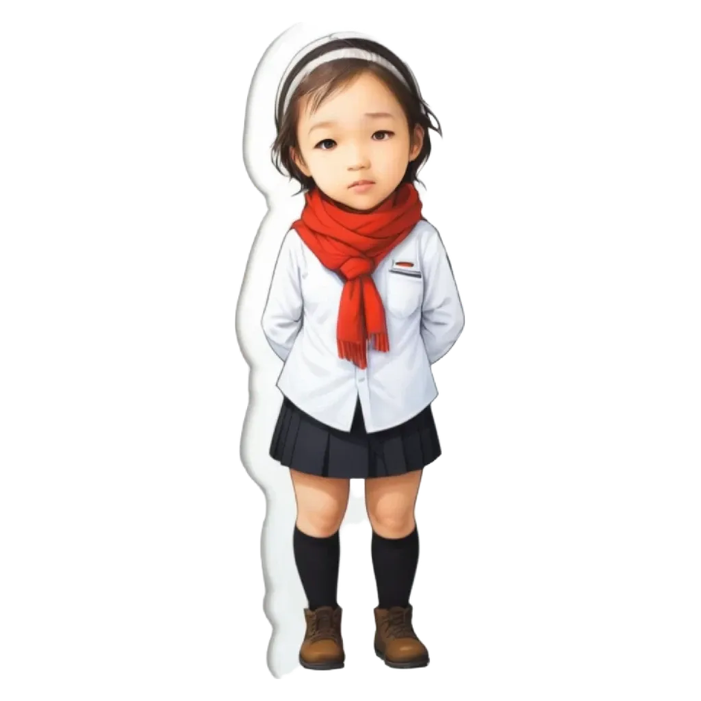 A child wearing a scarf and shoes that are too big.