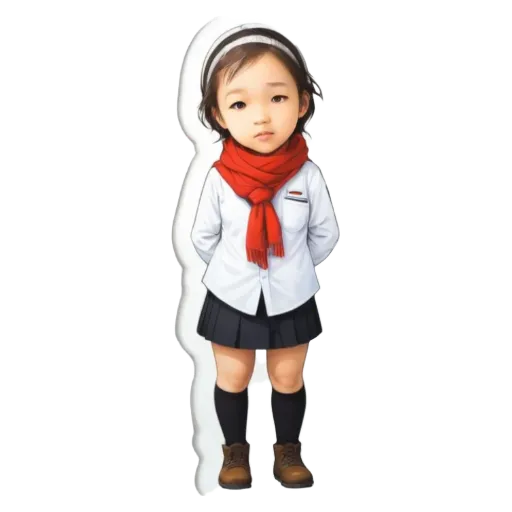 A child wearing a scarf and shoes that are too big.