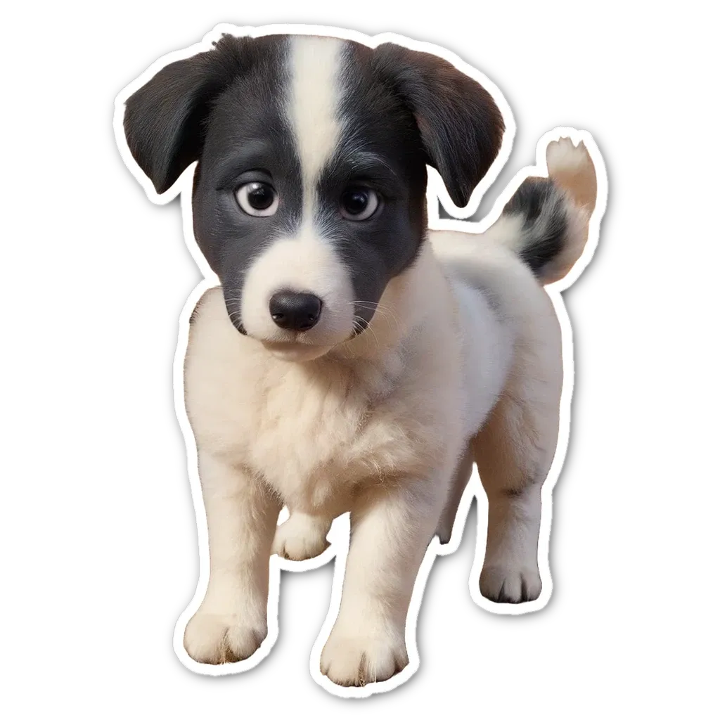 A black and white puppy with big eyes.