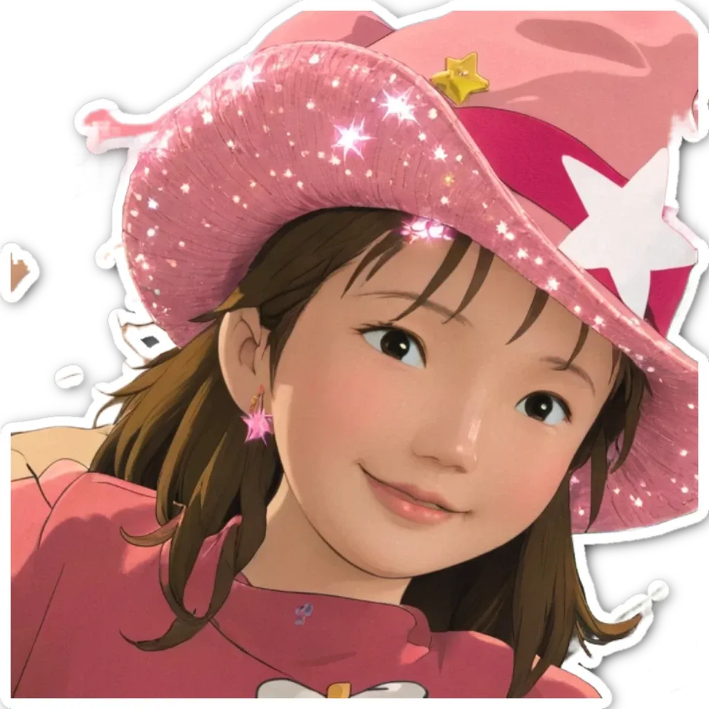 A girl is wearing a pink hat with stars on it.