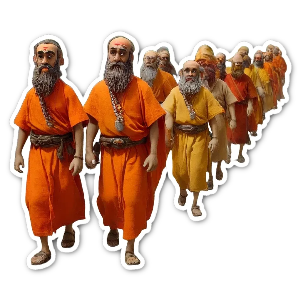 A line of men with orange clothing and beards walking together.