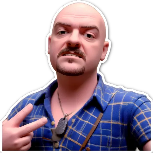 A sticker of a man with a peace sign and a tag on his neck.