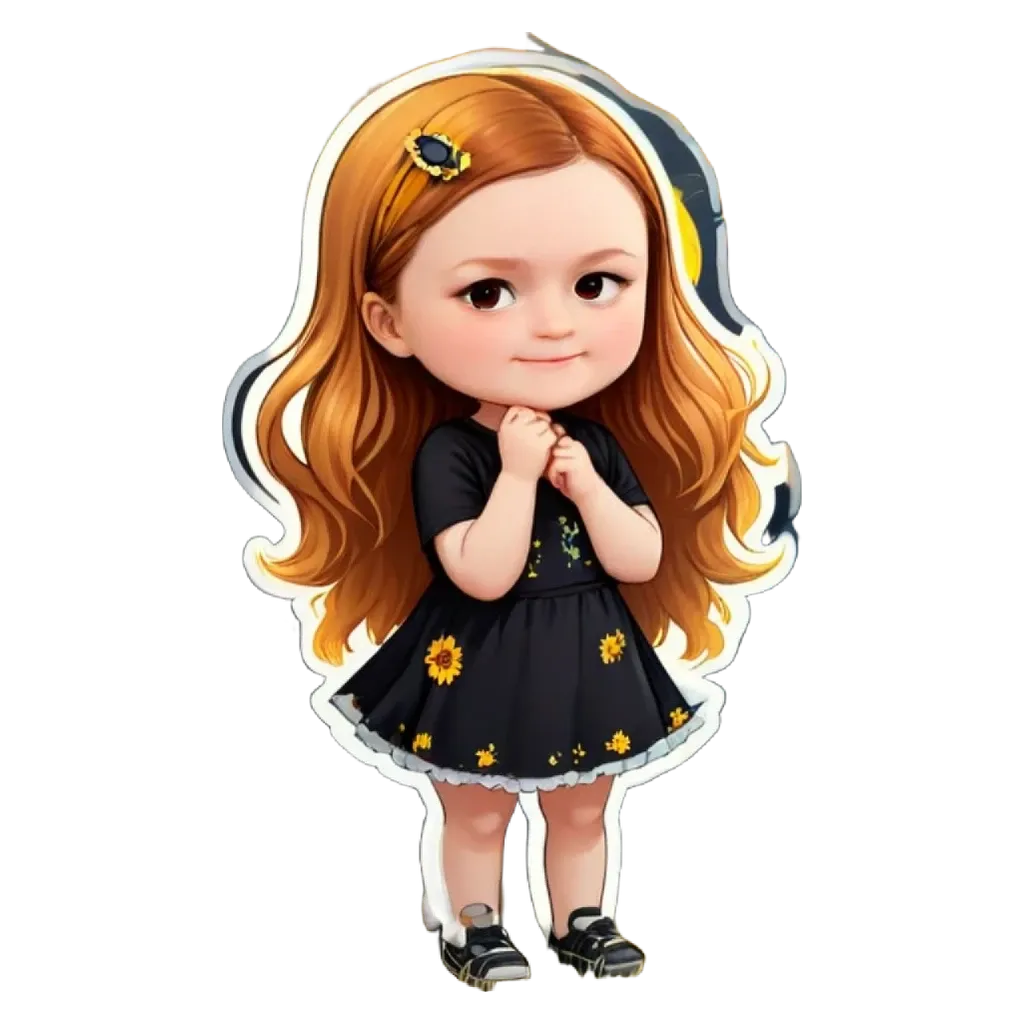 A cartoon girl with long hair wearing a black dress.