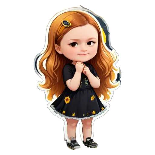 A cartoon girl with long hair wearing a black dress.