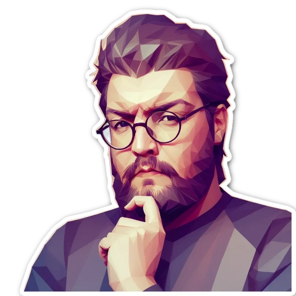 A sticker of a man with a beard and glasses.