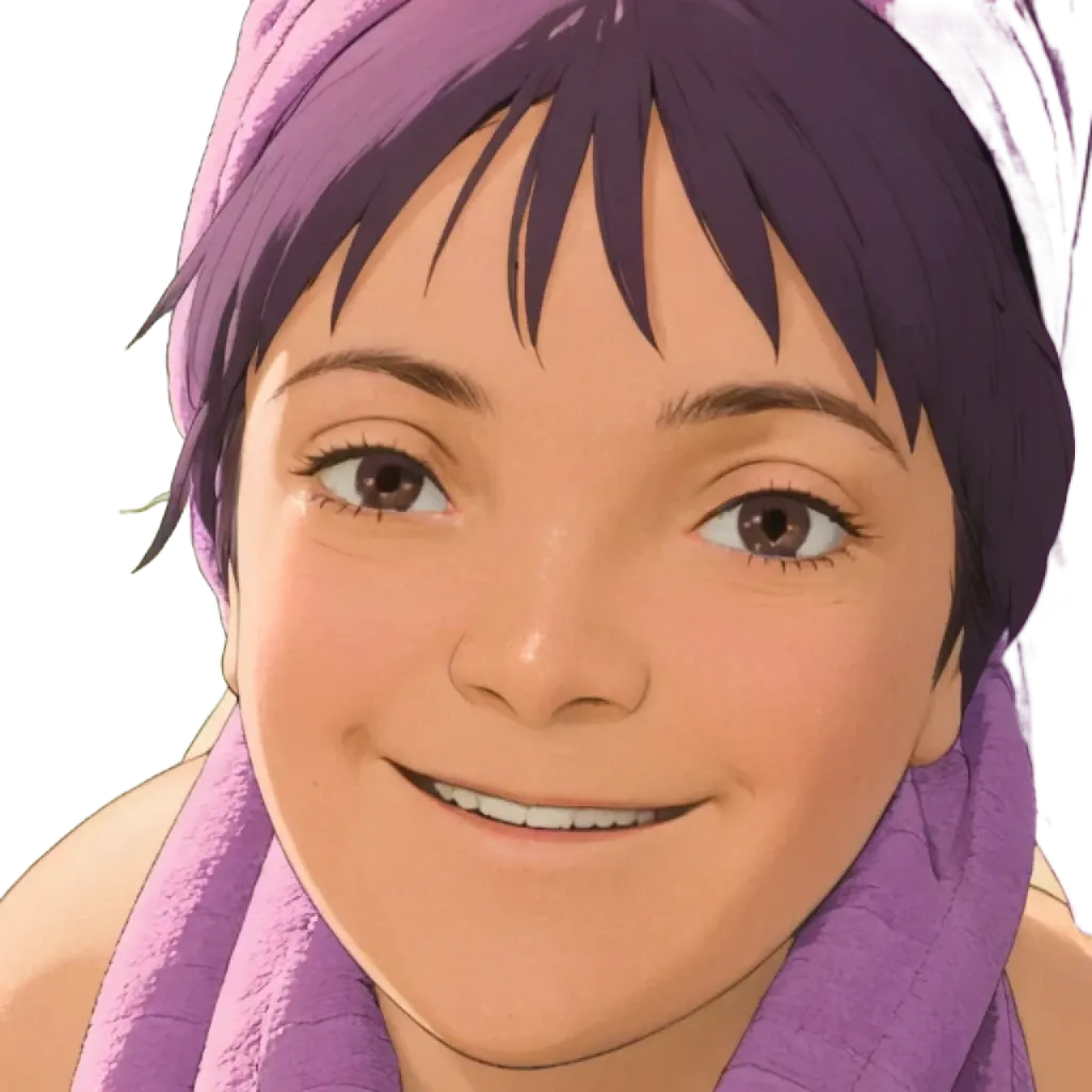 A cartoon or anime face has a purple towel over its head.