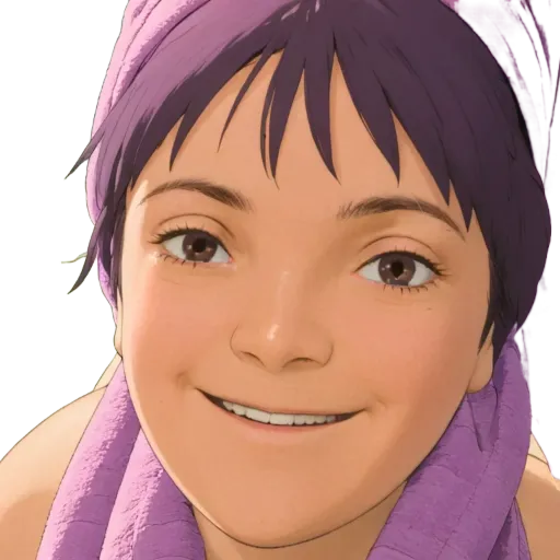 A cartoon or anime face has a purple towel over its head.