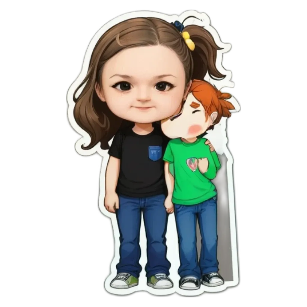 A girl and boy that are part of a sticker of the girl is hugging.