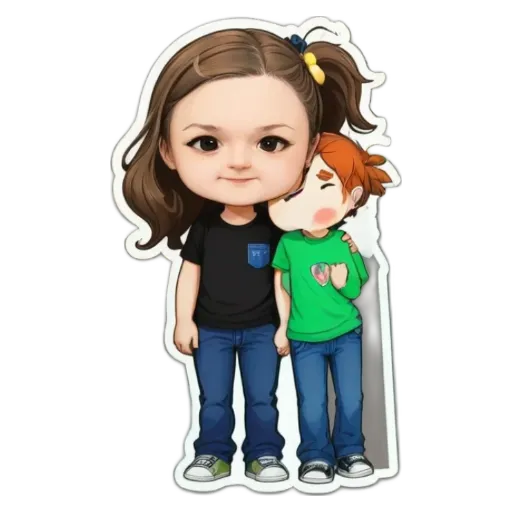 A girl and boy that are part of a sticker of the girl is hugging.