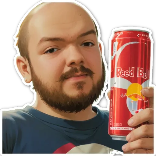 A man holding a can of Red Bull and a drawing of himself.