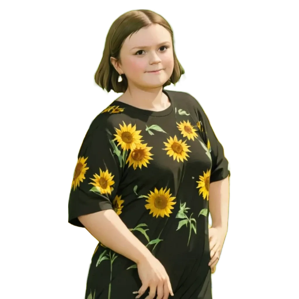 Young girl wearing dress with sunflower on it.