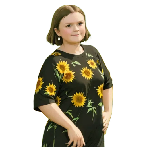 Young girl wearing dress with sunflower on it.