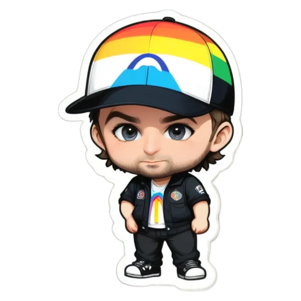 A boy is wearing a hat that has a rainbow on it.