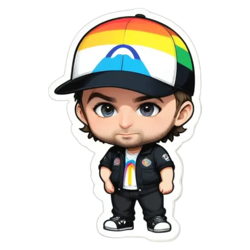 A boy is wearing a hat that has a rainbow on it.