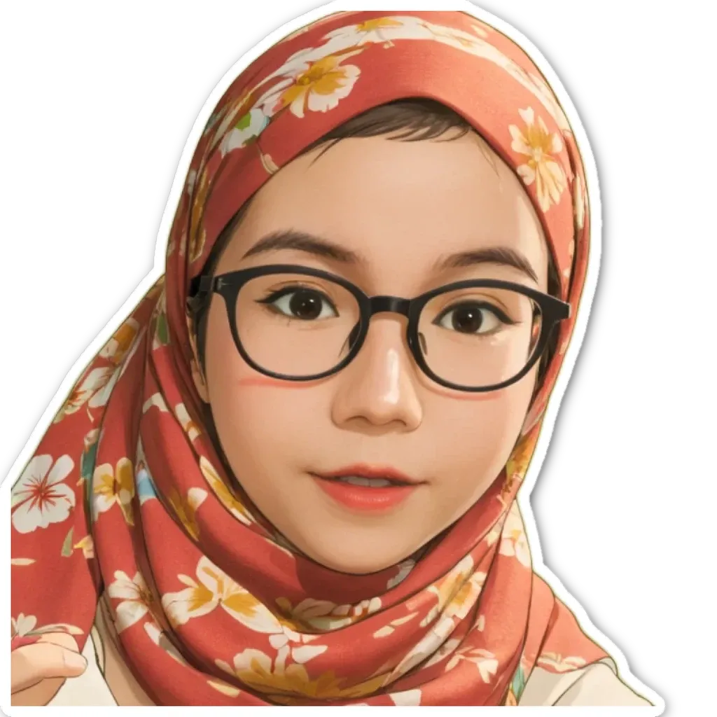 A sticker of a girl wearing a head scarf and glasses.