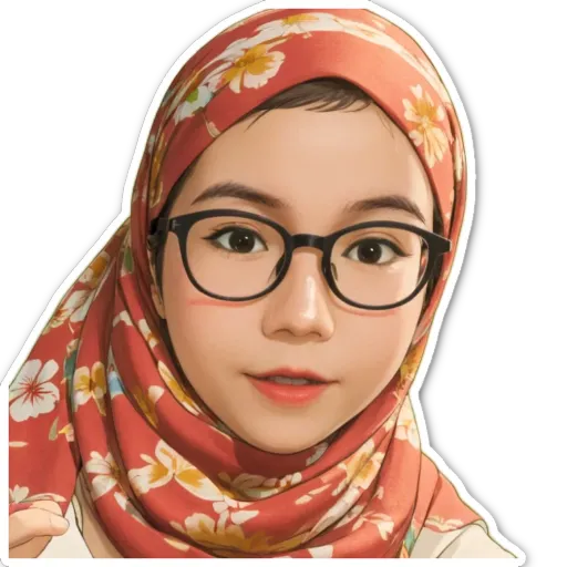 A sticker of a girl wearing a head scarf and glasses.