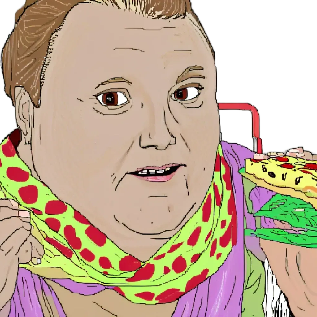 A cartoon drawing of a person eating pizza.