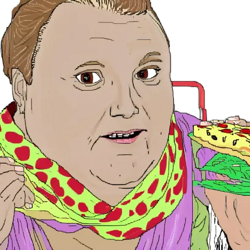 A cartoon drawing of a person eating pizza.