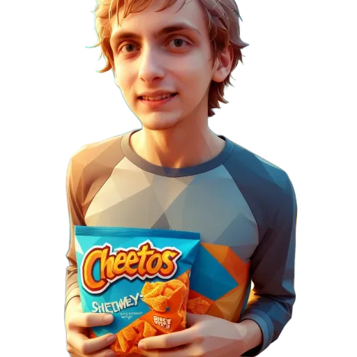 A boy holding a bag of Cheetos.