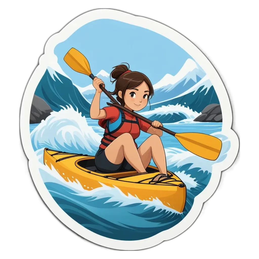 A woman in a kayak on a river sticker.