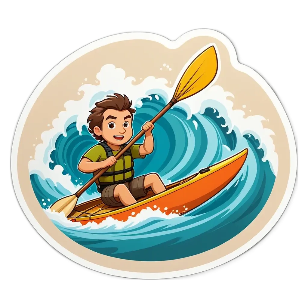 A boy paddling a kayak on a wave.