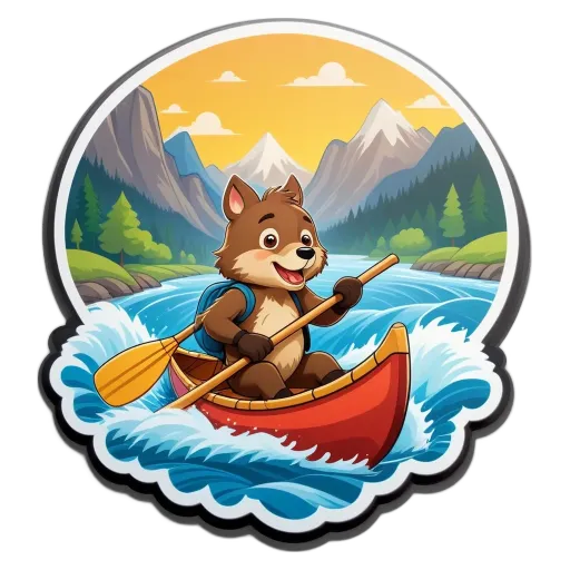 A cartoon image of a wolf in a canoe on a river.