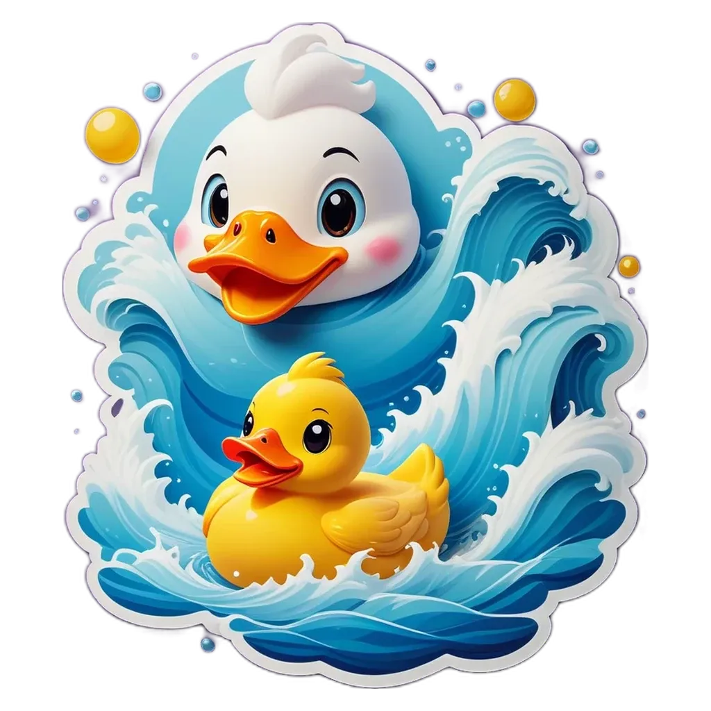 A cartoon image of a duck and duckling in water.