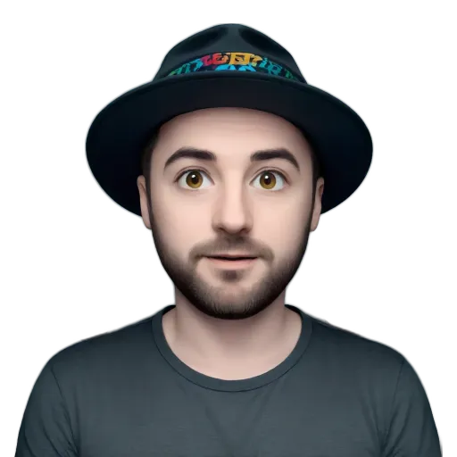 A black fedora with a logo in rainbow colors.