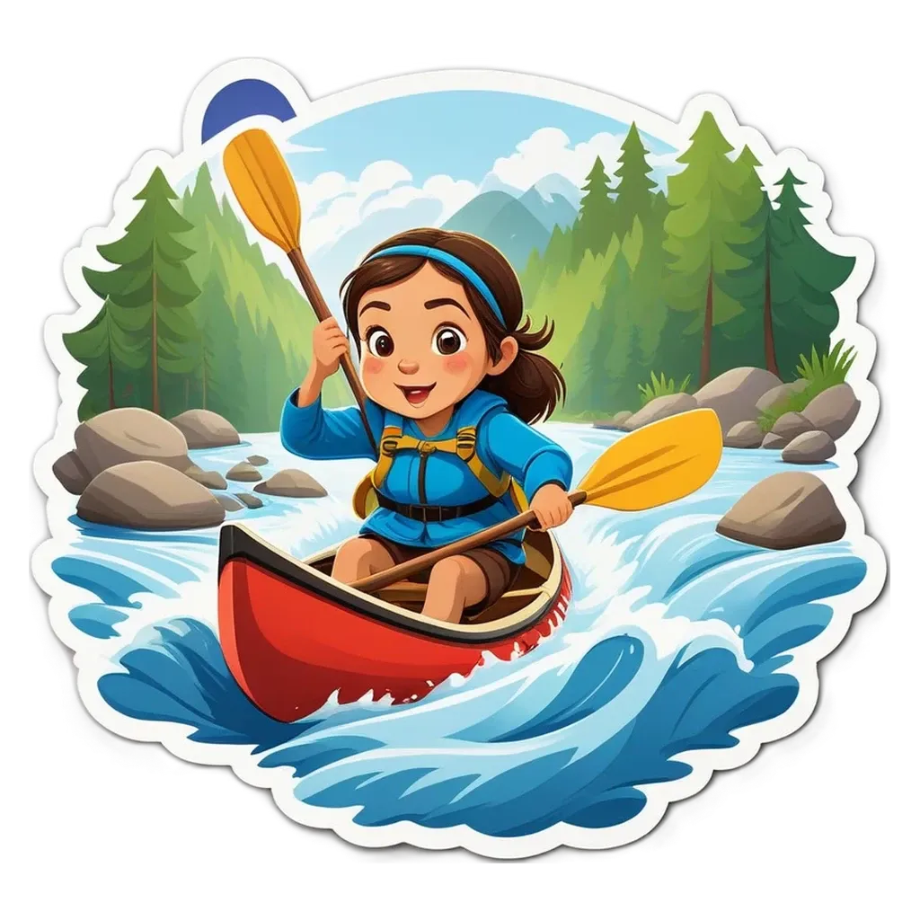 A cartoon girl paddling a boat on a river.