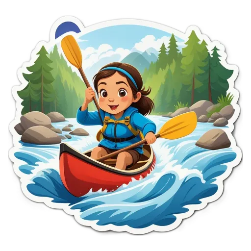 A cartoon girl paddling a boat on a river.