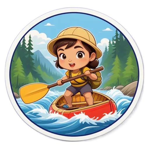 A cartoon girl paddling a canoe on a river.