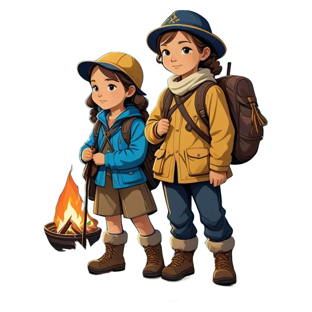 A girl and boy in front of a fire with backpacks on their shoulders.