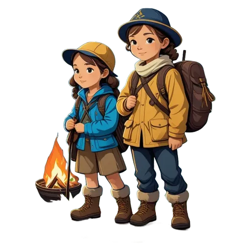 A girl and boy in front of a fire with backpacks on their shoulders.