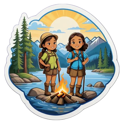 Two girls are camping by a lake and are shown on a circle sticker.