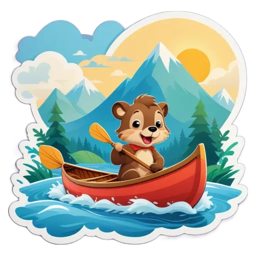 A cartoon bear in a red canoe on a black and white background.