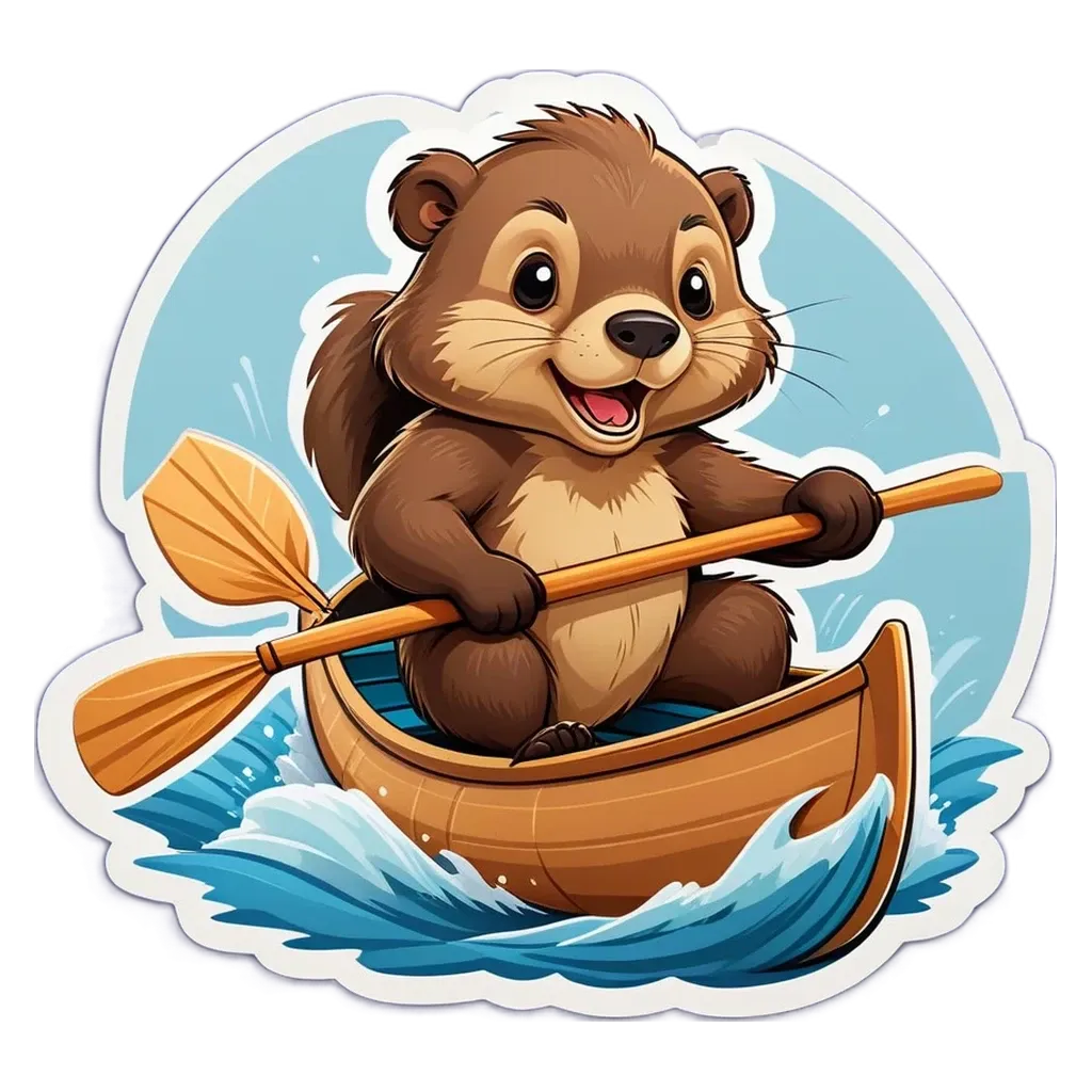 A cartoon animal is paddling a canoe.