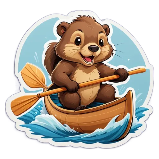 A cartoon animal is paddling a canoe.