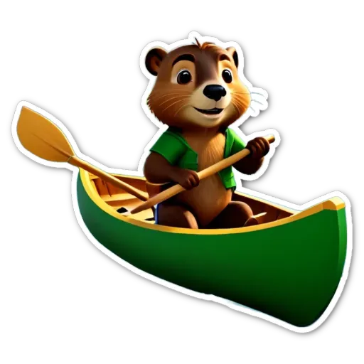 A sticker of a river with a bear in a boat holding a paddle.