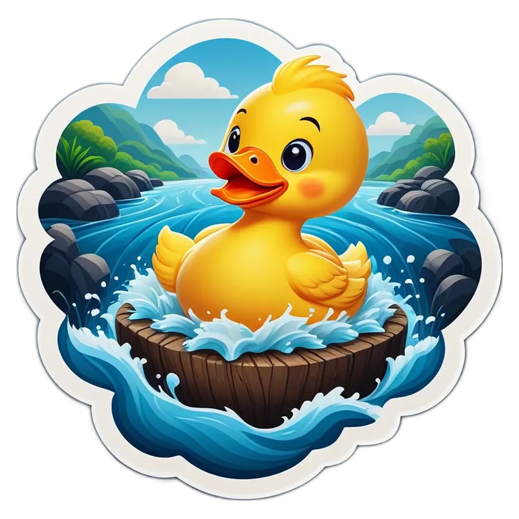 A sticker of a duck in water with a river.