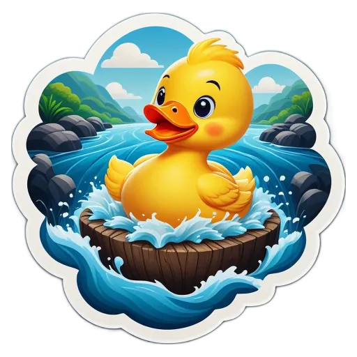 A sticker of a duck in water with a river.