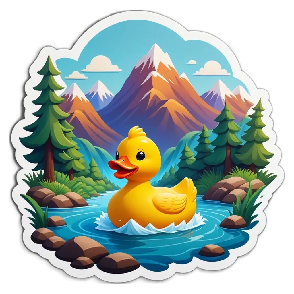 A yellow rubber duck is swimming in a river in front of a mountain.