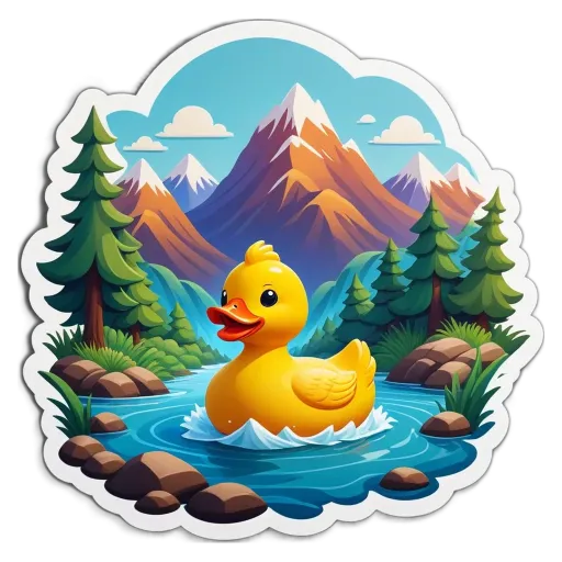 A yellow rubber duck is swimming in a river in front of a mountain.