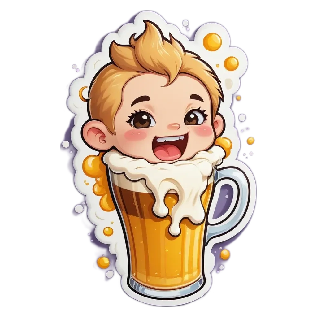 A cartoon depiction of a boy drinking out of a glass of beer.