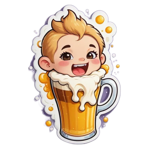 A cartoon depiction of a boy drinking out of a glass of beer.