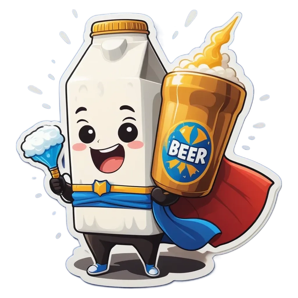 A cartoon depiction of a carton of milk holding a beer.